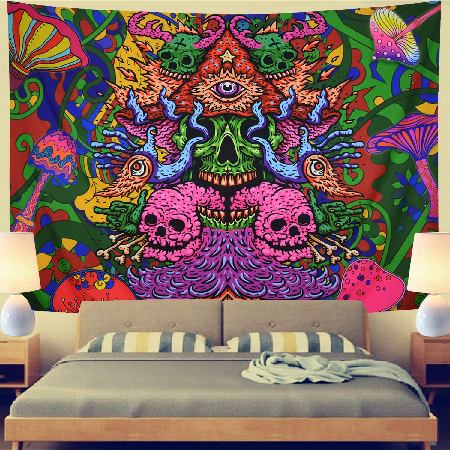 Skull Tapestry Trippy Mushrooms Tapestry Fantasy Fractal Tapestry Bohemian Hippie Tapestry Wall Hanging for Room 3 Size