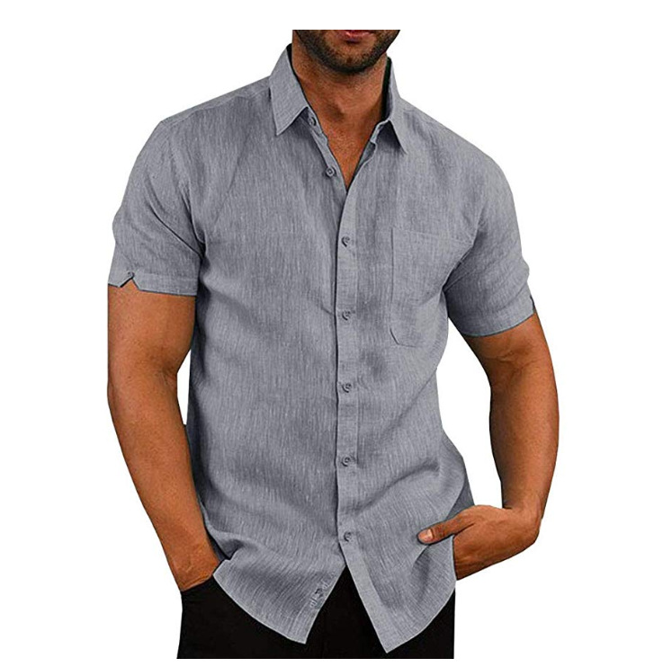 Luxe homme manches courtes col rabattu chemises décontractées amples lin hauts type chemisier poche poitrine noir blanc gris bleu: Gris / XXL