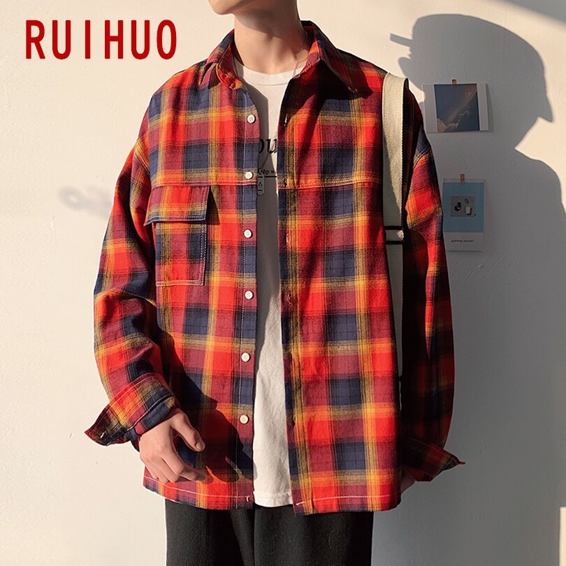 Ruihuo afslappet bomuld herre skjorte plaid skjorte mænd skjorter til mænd tøj ternet skjorte mænd bluse m -2xl efterår: Rød / Xxl