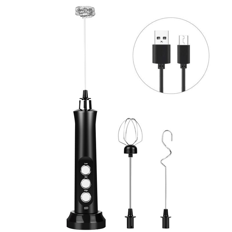Elektrisk mælkepisker usb genopladelig 3 hastigheder mini håndholdt elektrisk mælkeskummaskine med 3 piskere drikkemixer til æggepisker: Sort