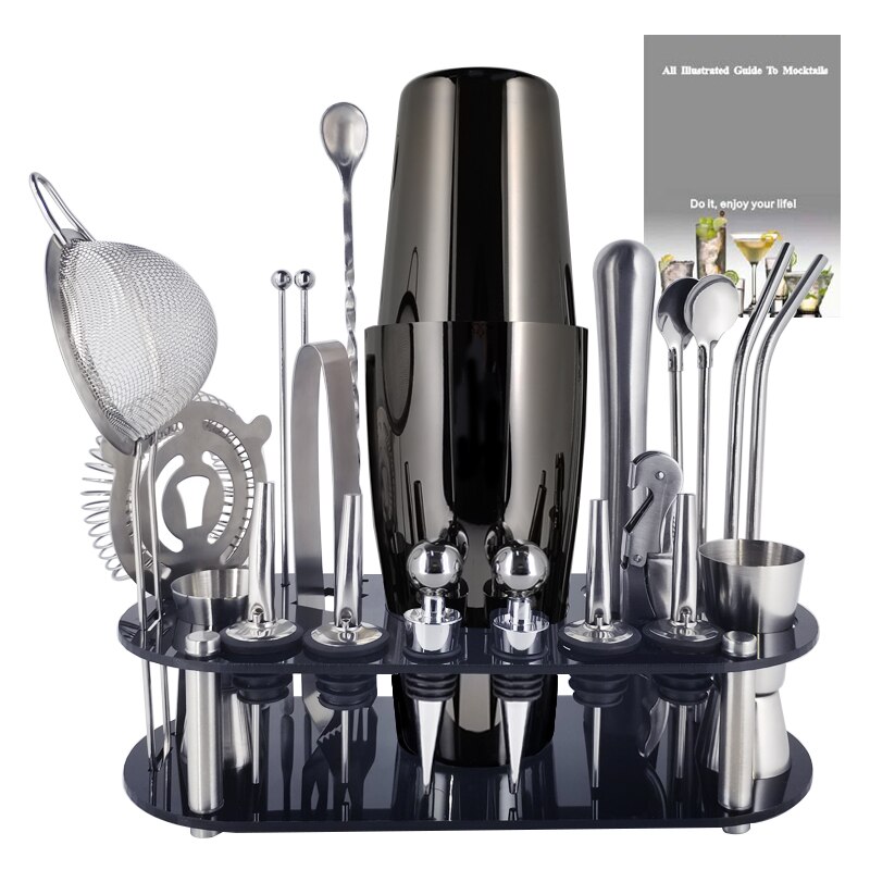 1-22Pcs Boston Cocktail Shaker Bar Gereedschap Wijn Mixer Set Barman Cocktail Shaker Tool Kit Schenker Jigger Warhoofd met Houder