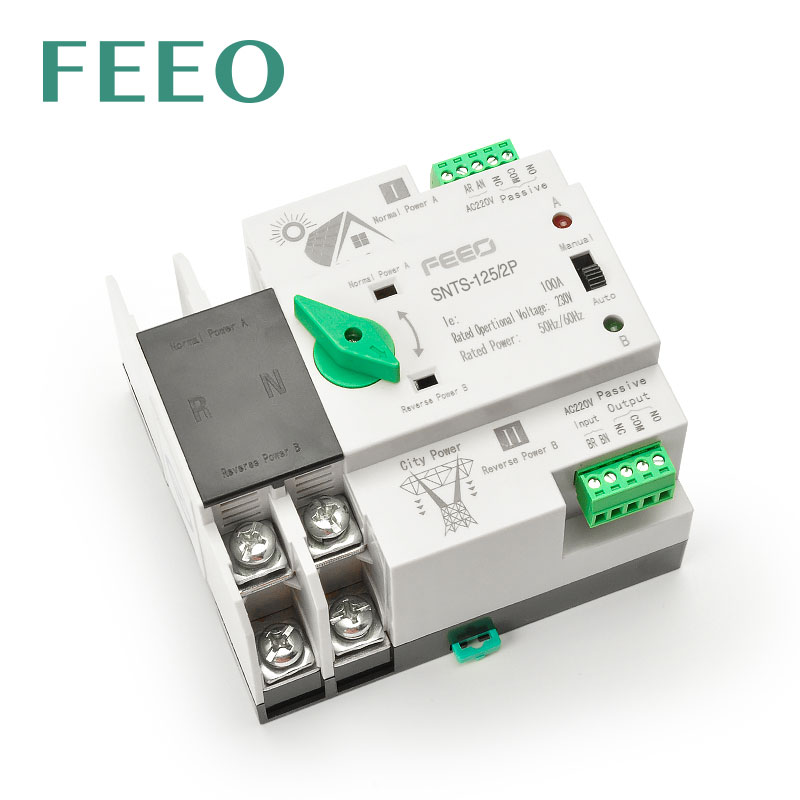 FEEO Din Rail 2P 125A ATS Solar Energy Dual Power Automatic Transfer Switch Electrical Selector Switch Uninterrupted Power Home