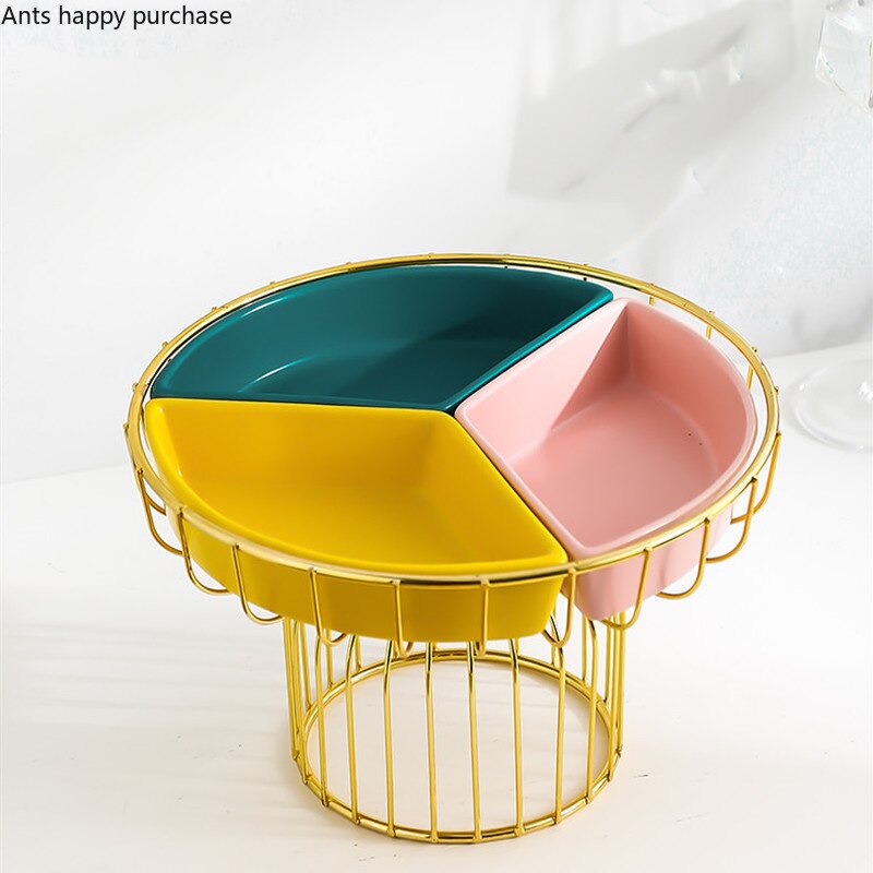 Prato de frutas de cerâmica com pés altos, cesta de frutas de ferro com três grades, prato de doces para casa, bandeja de lanche, decoração, utensílios de mesa