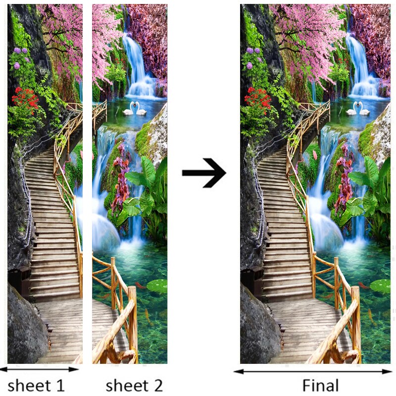 3D Stereo Waterfall Wallpaper Chinese Style Wooden Bridge Landscape PVC Door Wall Stickers Living Room Bedroom Home Door Poster