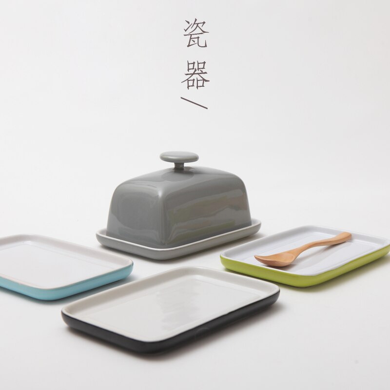 Caja de cerámica para platos de mantequilla de 6 pulgadas, caja de dulces/pastel/bandeja con tapa, con mango de diamante, negro