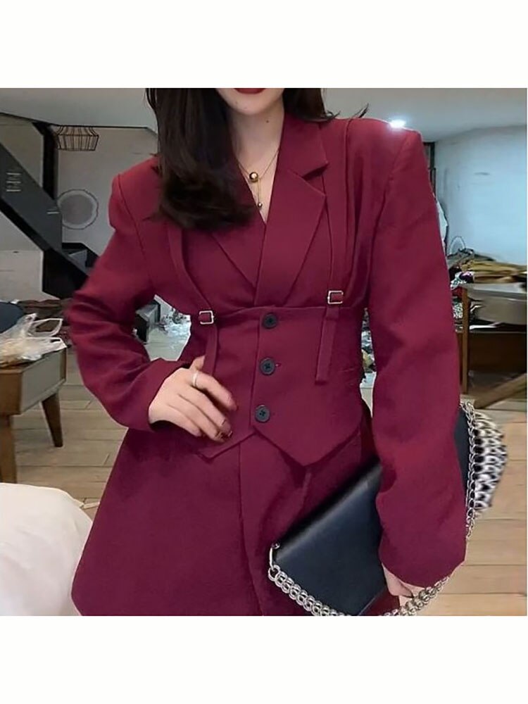 Chaqueta de vestir para mujer, conjunto de Blazer de 2 piezas, traje Retro europeo, cinturón de cintura informal, chaleco con cordones, Otoño,: Rojo / XL