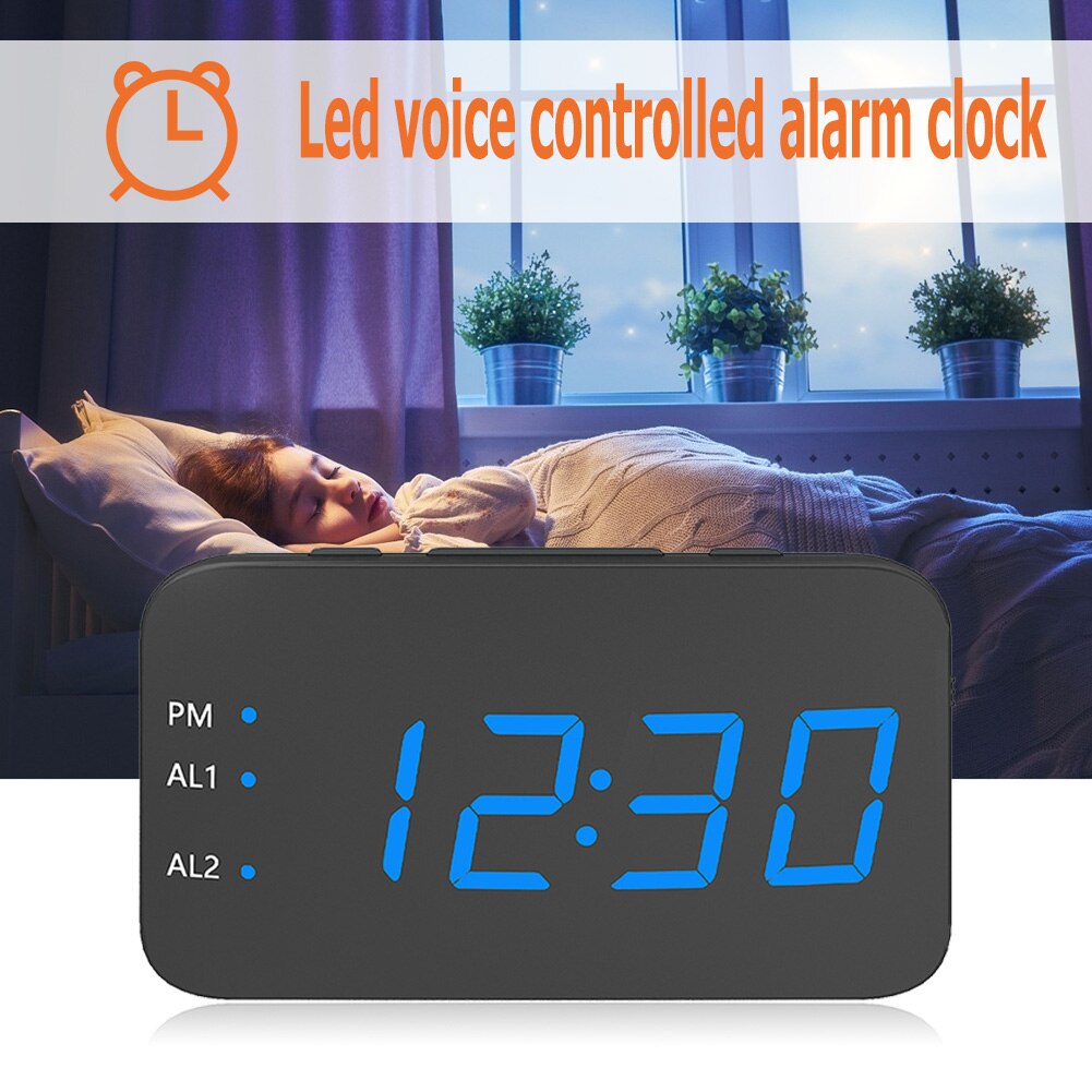 LED Digital Alarm Clock Voice Control Temperature Display Electronic Clock Dual Power Supply Mode for Home Travel