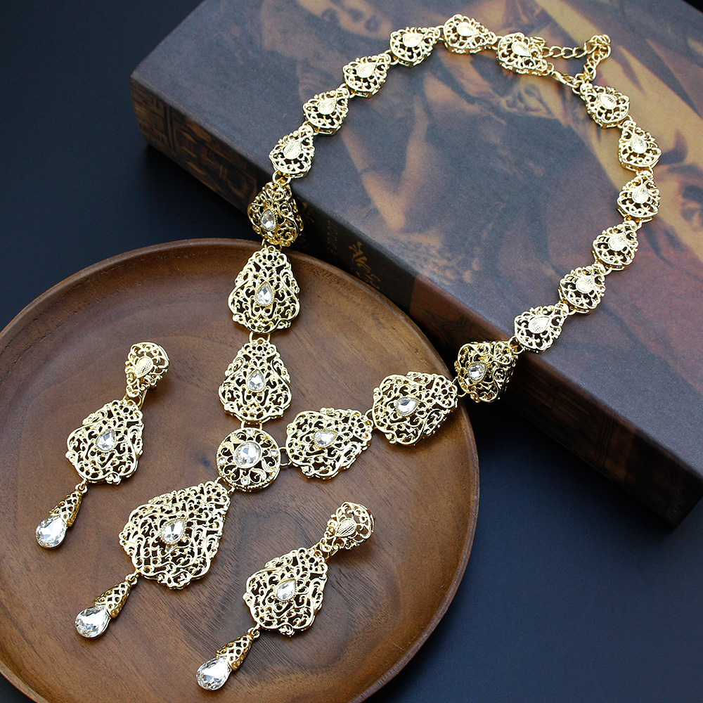Algerije Marokko Sieraden Sets Lange Oorbel Ketting Set Voor Vrouwen Holle Arabesque Hanger Ketting Goud Kleur Bruid Sieraden
