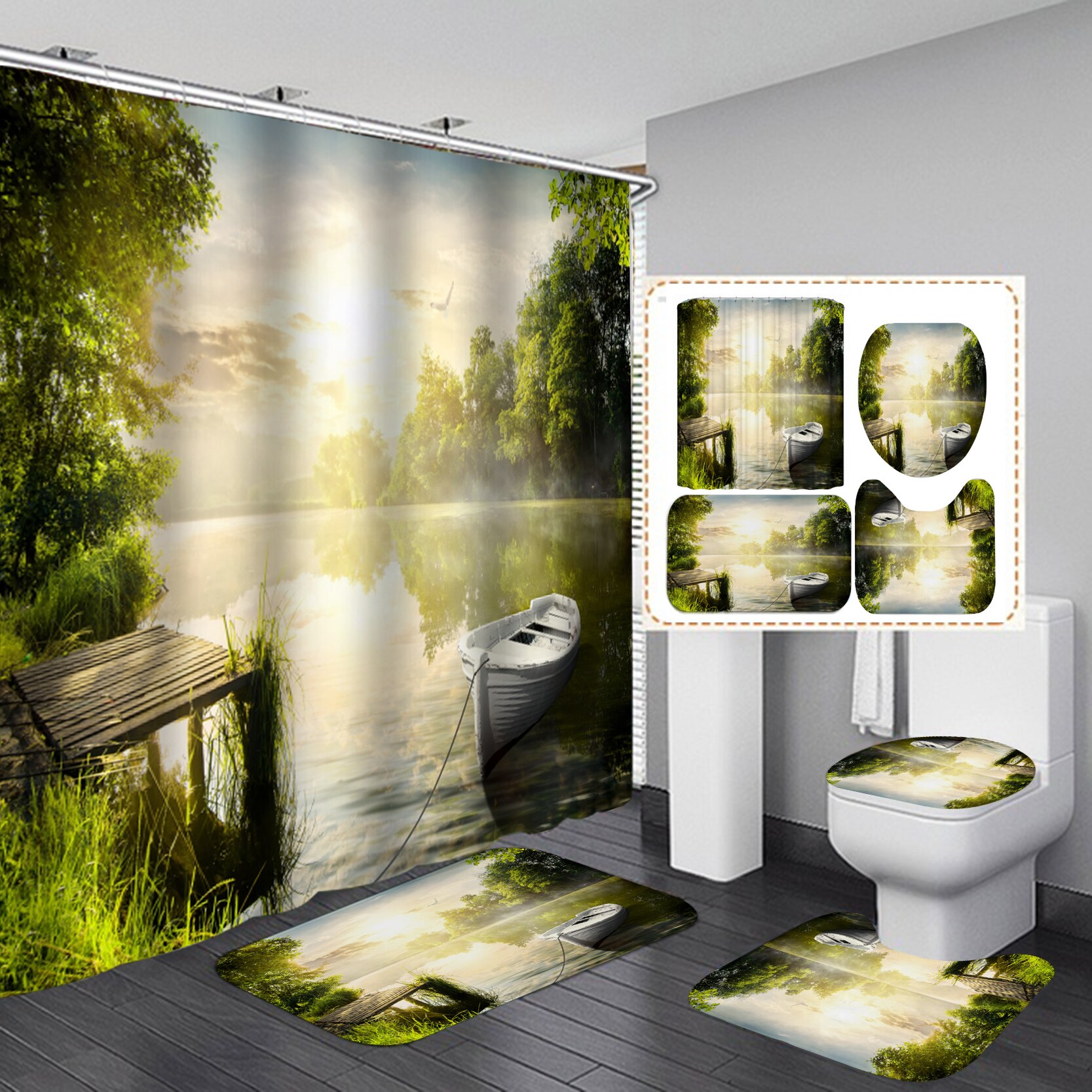 Coastal Strand Landschap Gedrukt Patroon Douchegordijn Voetstuk Tapijt Deksel Wc Cover Mat Badmat Set Badkamer Gordijnen Met Haken: R 4PCS