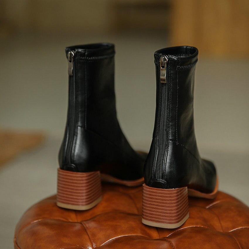 QUTAA PU Leder Herbst Winter Stiefeletten Karree Reißverschluss Damen Pumpen Platz hoch Hacke prägnant Frauen Schuhe Größe 34-39