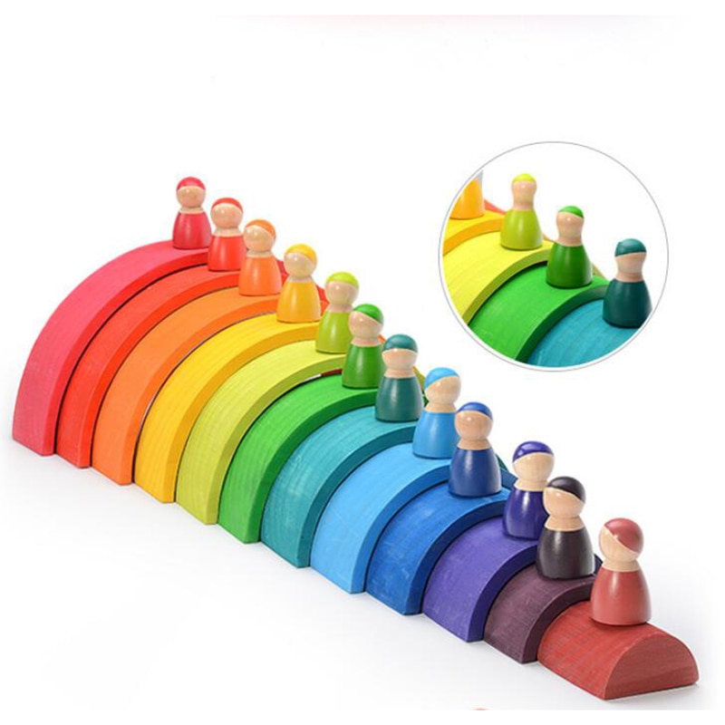 Wooden Rainbow Blocks Wooden stacking toys grimms rainbow Wood Building Blocks Colorful rainbow Children kids Educational Toy