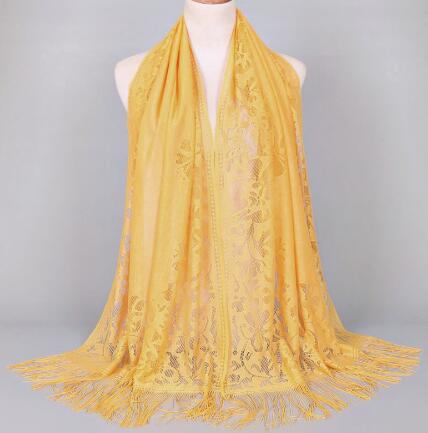 Women Cotton Polyester Floral Lace Scarf Shawl Tassels Party Wedding Lace Veil India Arab Muslim Hijabs Scarves: color 4 yellow