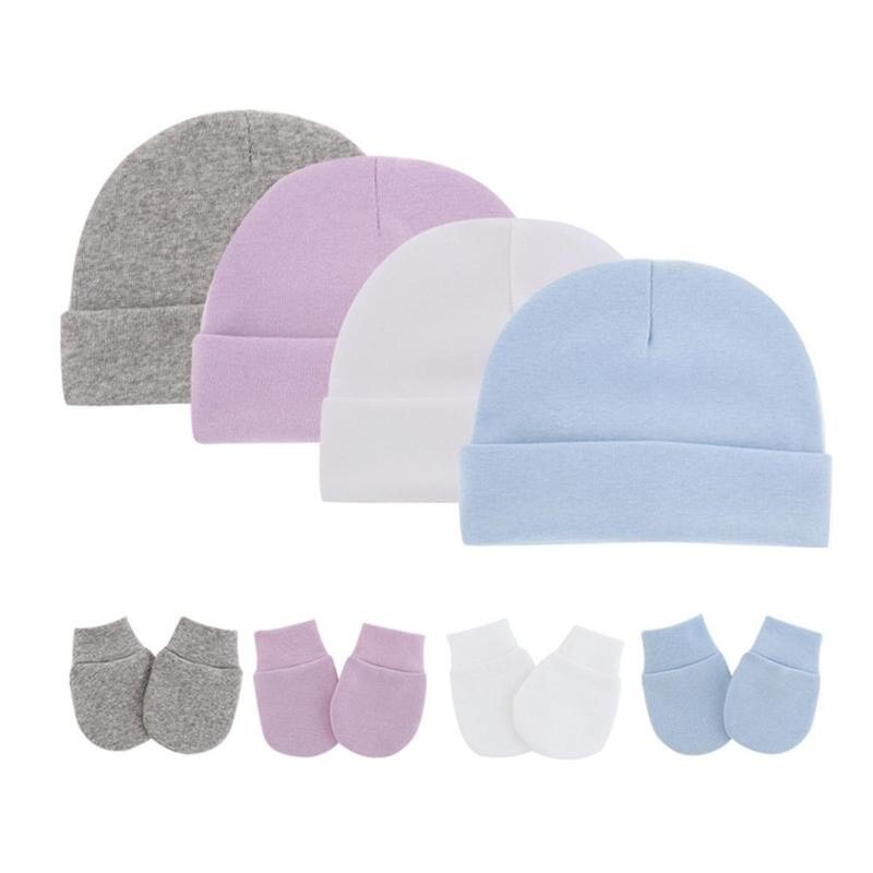 2-piece Set Of Color Hooded Anti-scratch Gloves Hat Beanies Gloves Newborn Cotton Hat And Soft Cotton Winter War A1S3