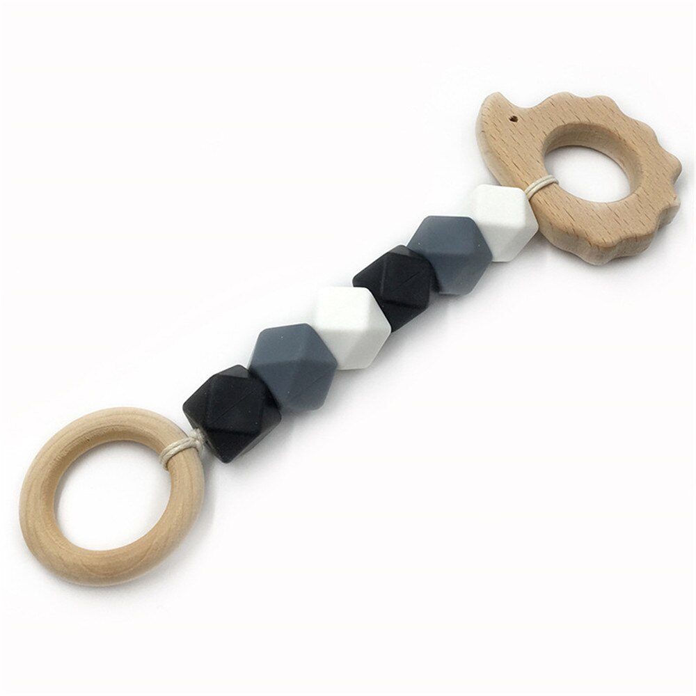 Mordedor de madera para bebé, juguete con cuentas de dentición con de ganchillo de zorro, erizo, elefante, pájaro, juguete para niños, pulsera con cadena para dentición