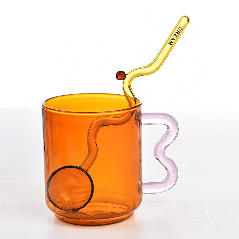 Tasse à café en verre coloré avec poignée d'oreille, tasse à expresso, pour jus de fruit, pour le bureau, pour le petit déjeuner, couleur contrastée,: Cup With Spoon C