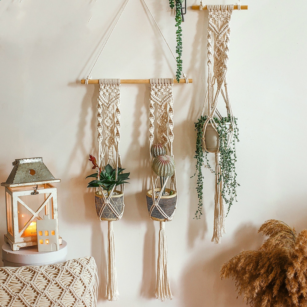 Tapiz de plantas de macramé bohemio, decoración de pared para sala de colgar, decoración de pared colgante, decoración de granja, cuerda de pared, tapices de plantas