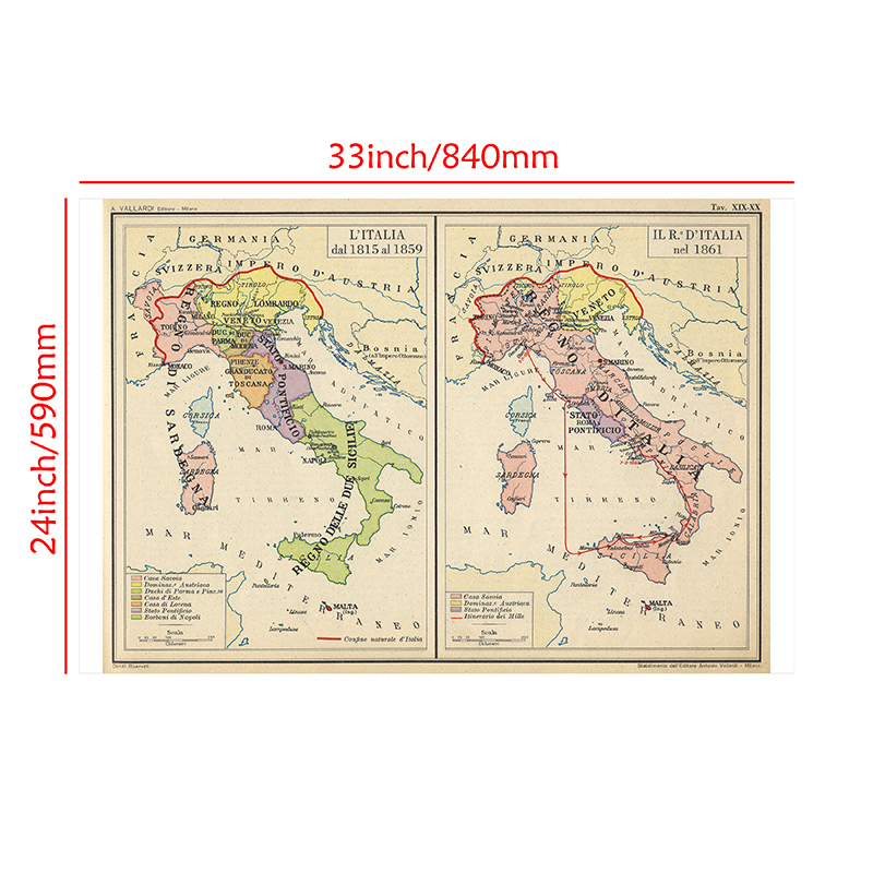 84*59cm The Italy Map Canvas Painting Retro Wall Art Poster for Office Home Decoration School Supplies