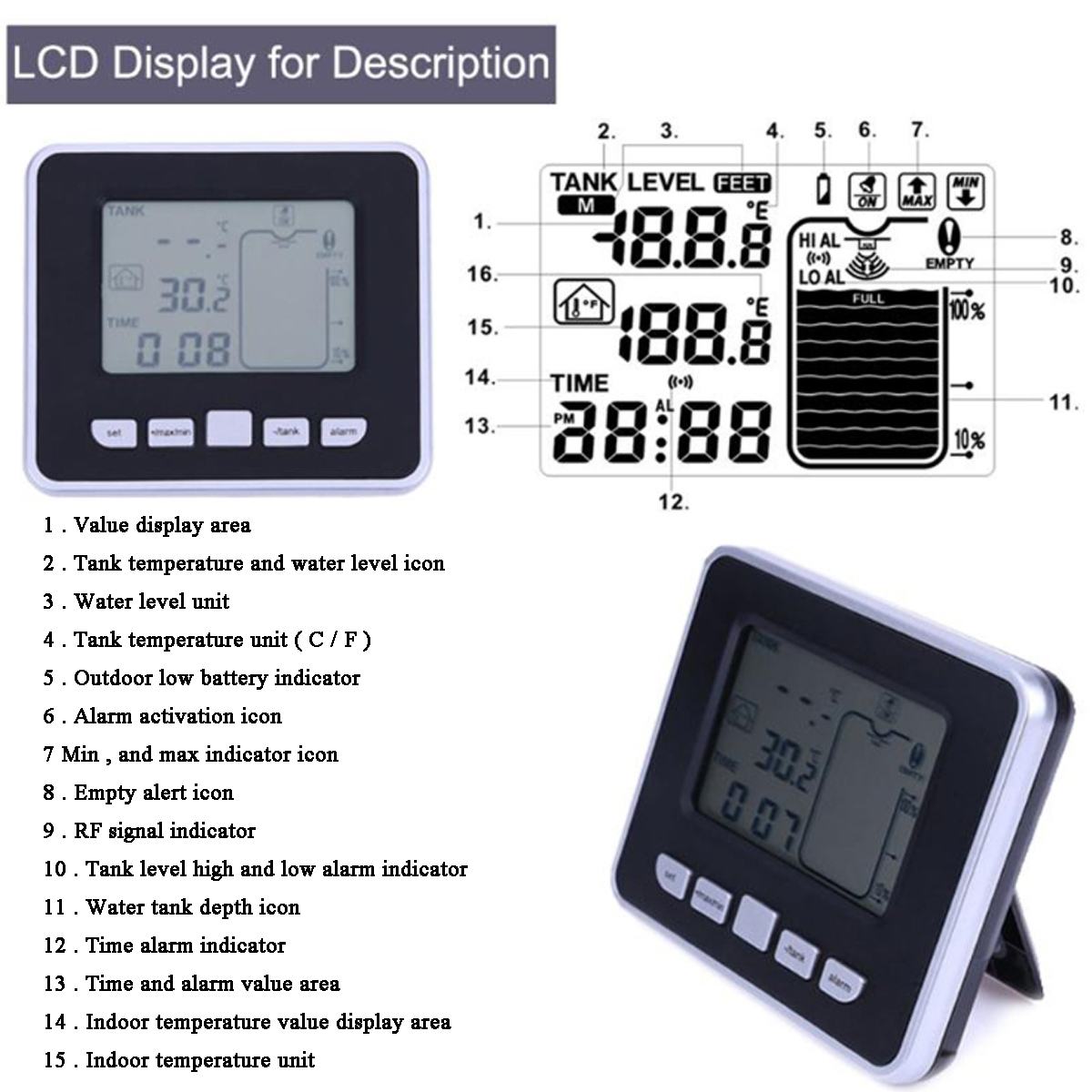 Drahtlose Ultraschall Wasser Tank Flüssigkeit Tiefe Level Meter Flow Sensor Monitor mit 3,5 Zoll LCD Temperatur Display Messung Werkzeug