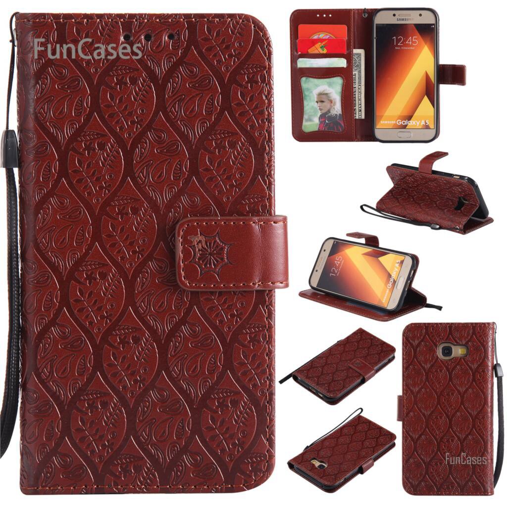 Funda con tapa en relieve de vid para Ajax Samsung A5 funda de teléfono de cuero de poliuretano Vintage funda de diamantes de imitación para Samsung Galaxy A520 Tok: Brown