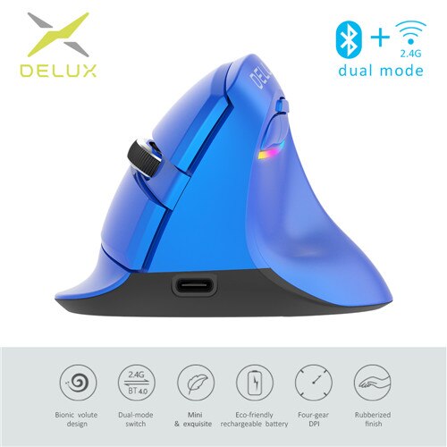Delux-ratón Vertical inalámbrico M618Mini, dispositivo ergonómico con Bluetooth, batería recargable de 2,4 GHz, RGB, para muñeca y mano: Pearl blue