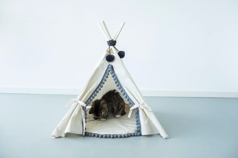 Natural Canvas Pompoms dog teepee pet tent pet teepee tent dog tipi rabbit teepee: with mat