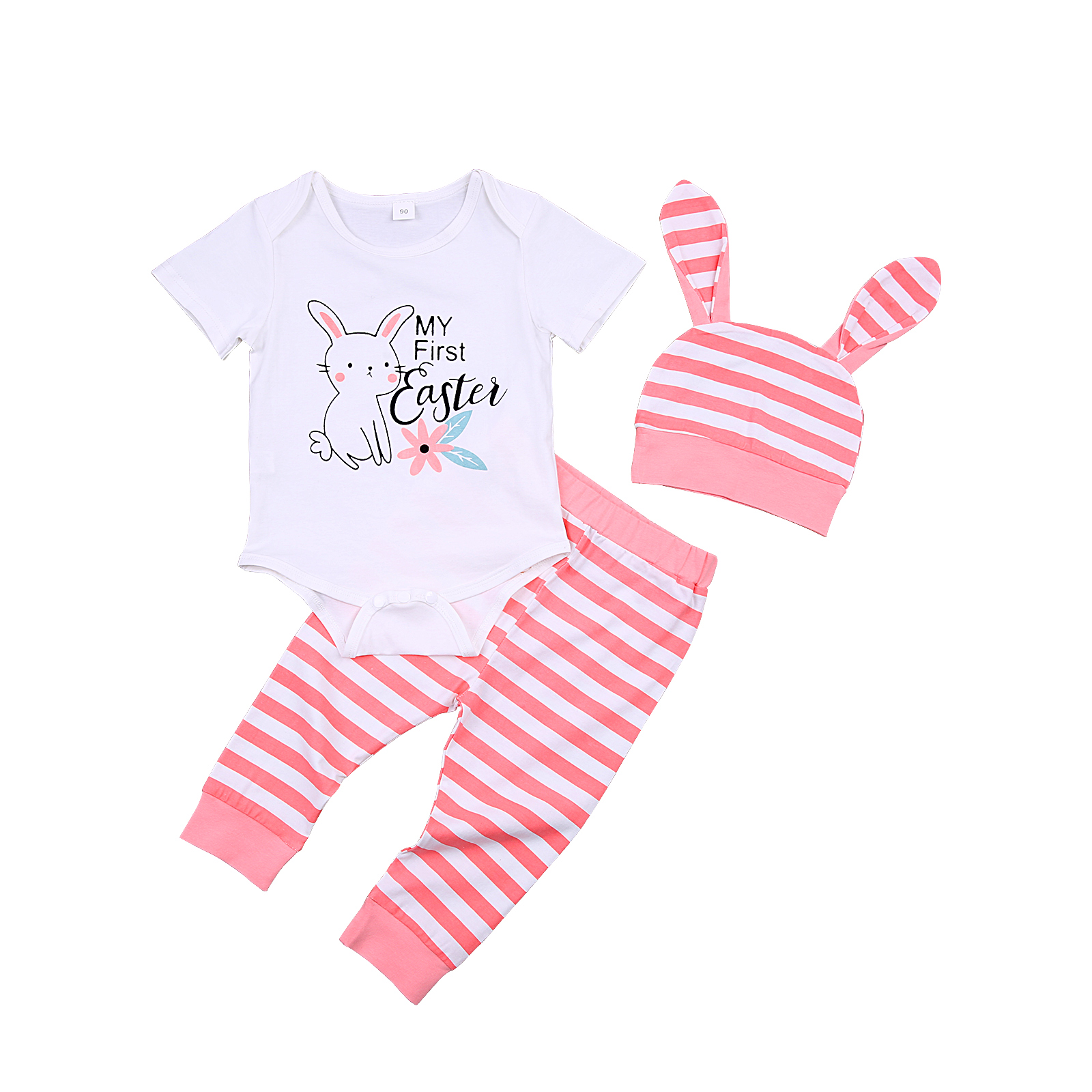 Citgeett Summer Easter 0-18 Months Baby Girls Boys Clothes Cute Rabbit Letter Long Sleeve Romper Stripe/Print Pants Hat Set