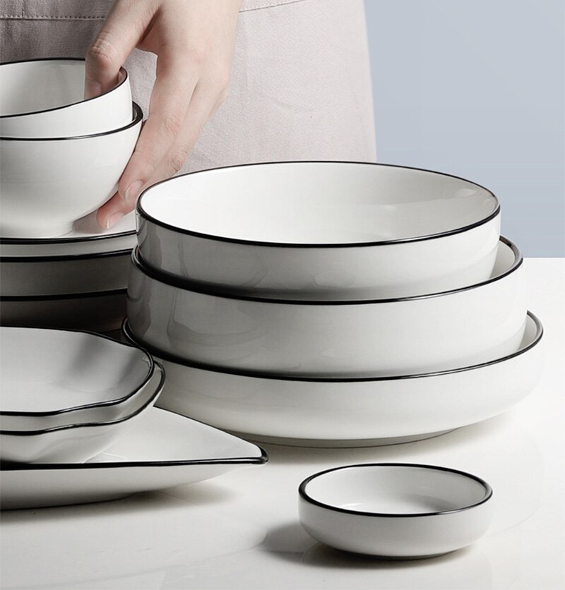 Płyta ceramiczna stek talerz styl skandynawski czarne obramowanie zastawa stołowa miska ins talerze obiadowe wysokiej klasy porcelanowa zastawa stołowa