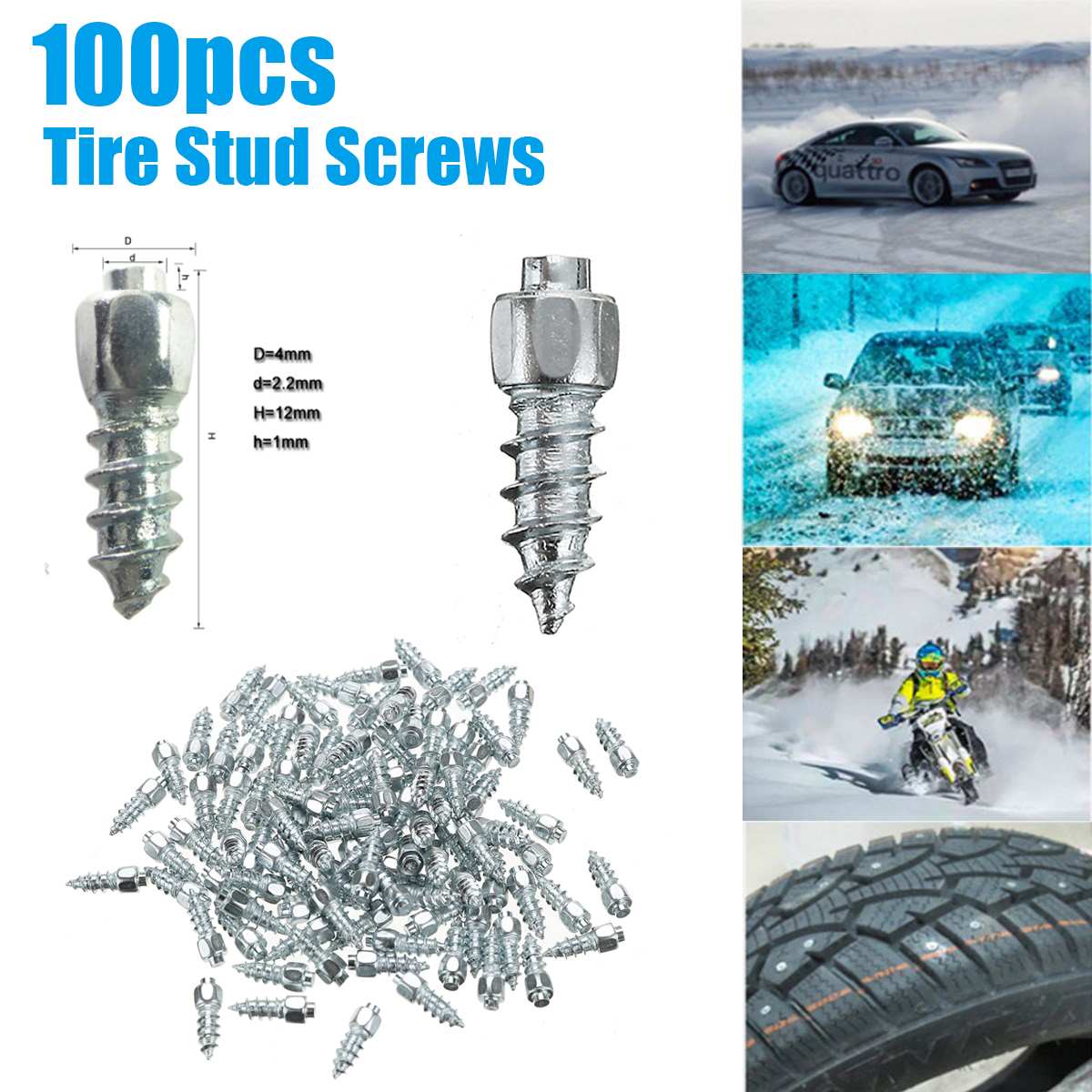 Clous à vis en métal antidérapants pour pneus, 12mm, 100/200/300/400 pièces, pointes de neige, pour voiture, SUV, moto, ATV, hiver