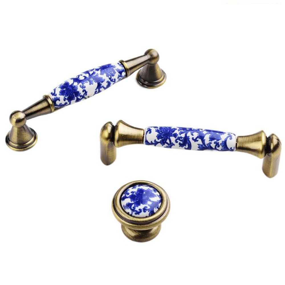 Porcelain Flowers Blue And White Furniture Antique Dresser Cabinet Handles Door Handle Pull Handles Drawer Knobs