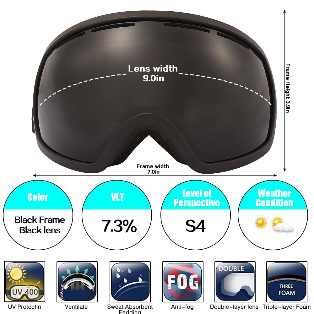 Jiepolly heren dames skibril met grote visie, dubbele lens, snowboard,  uv400 beschermingsbrillen met anticondensfunctie, skibrillen