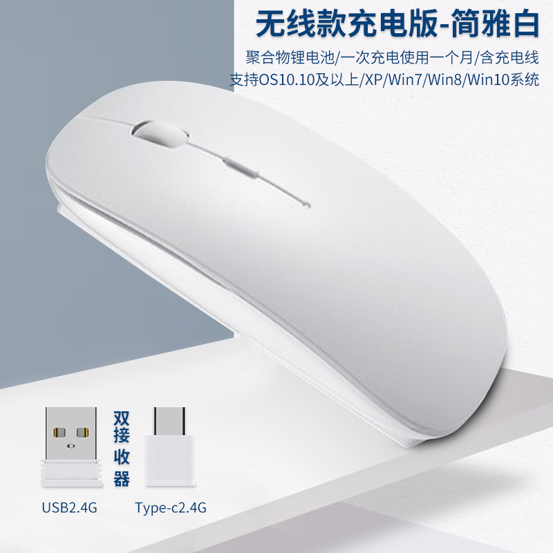 Charging Type-c Wireless Mouse +USB Dual Receiver Mute Ergonomic 1000/1200/1600 Three-speed DPI: white