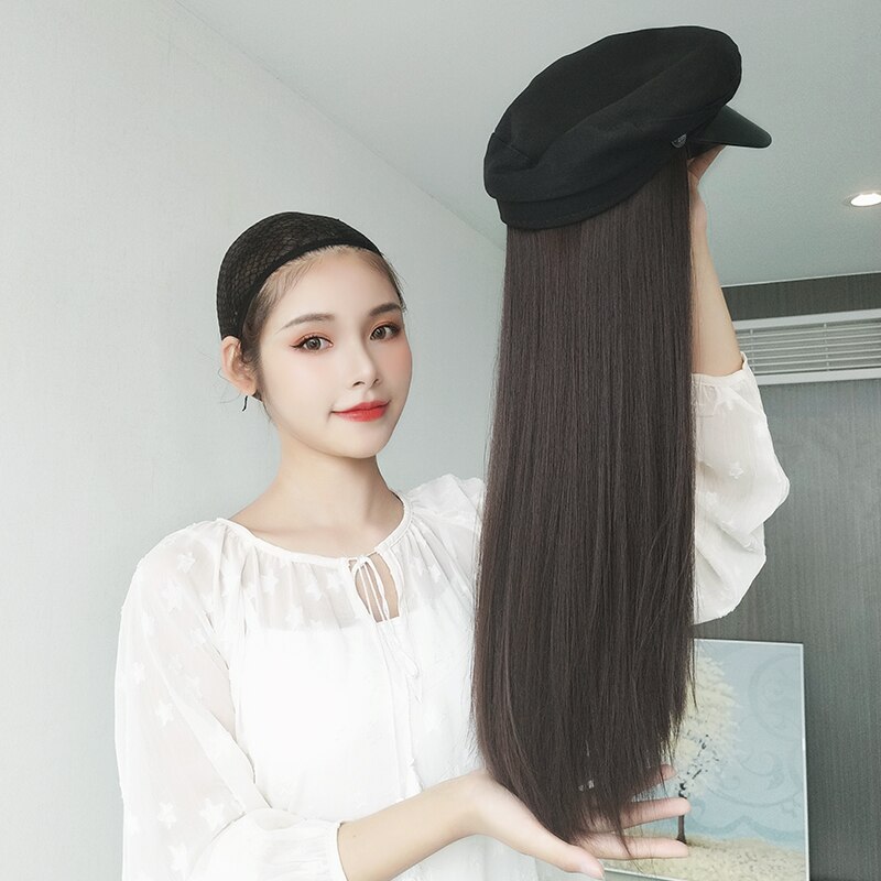 MUMUPI-Peluca de sombrero extensible para mujer, gorro de marinero sintético liso con cabello largo, peluca integrada, extensión de cabello adecuado para