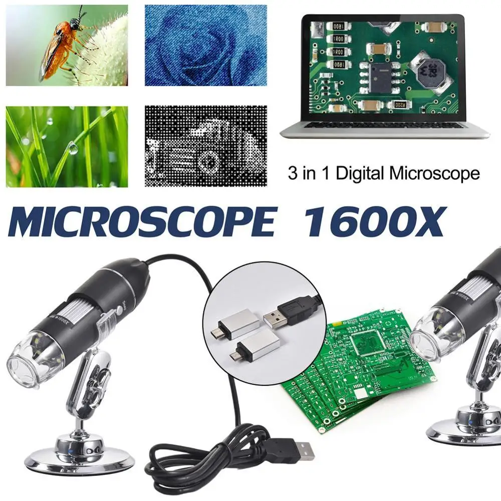 Verstelbare 1600X 2MP 1080P 8 LED Digitale Microscoop Type-C/Micro USB Vergrootglas Elektronische Stereo USB endoscoop Voor Telefoon PC