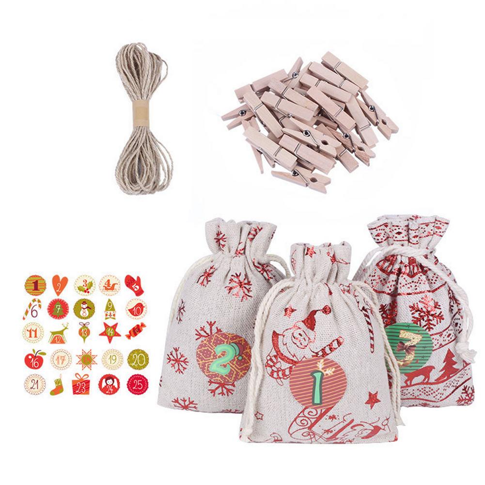 Bolsa de dulces con cuenta regresiva para Navidad, bolsillos reutilizables duraderos, de algodón y lino con estampado en , juego de bolsas de de Navidad, 24 piezas