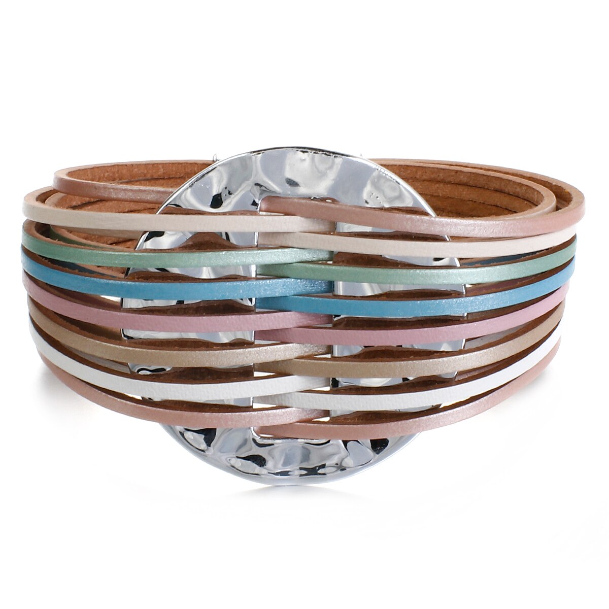 ALLYES Mulitlayer Dünne Streifen Leder Armbänder für Frauen Runde Kreis Charme Breite Wrap Armband Weiblichen Schmuck: Macaron Color