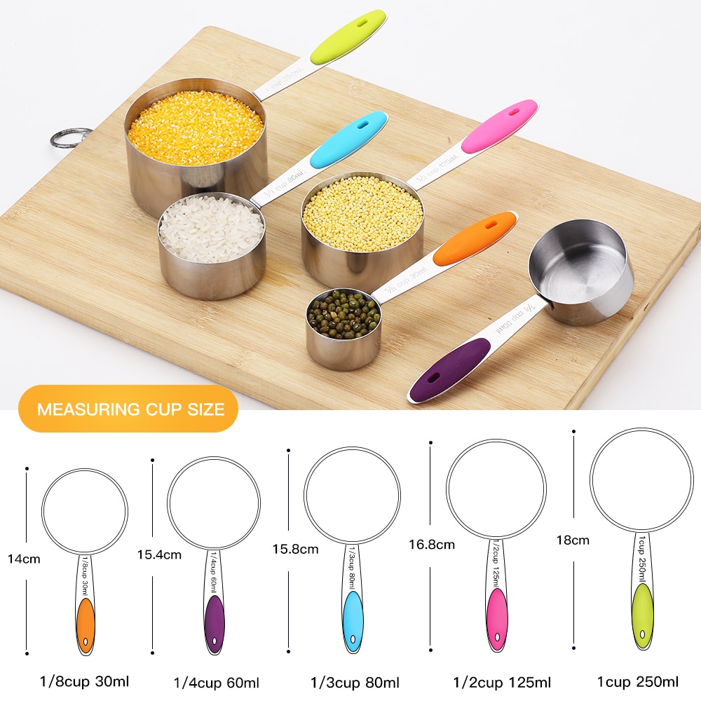 Cuchara con escala de medición de acero inoxidable, juego de tazas y cucharas medidoras de silicona para cocina, utensilios de medición de café y azúcar para hornear