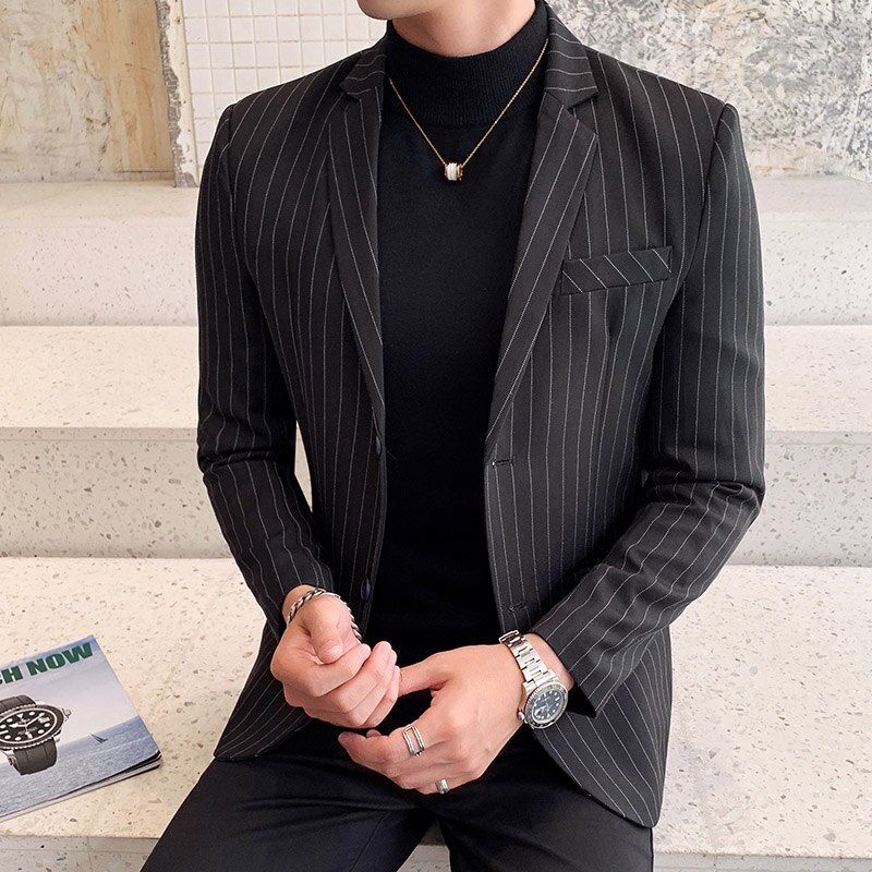 Black White Stripe Men Blazer Masculino Business Social Slim Fit Men Suit Jacket Homens Blazer Male Stylish Blazers For Men