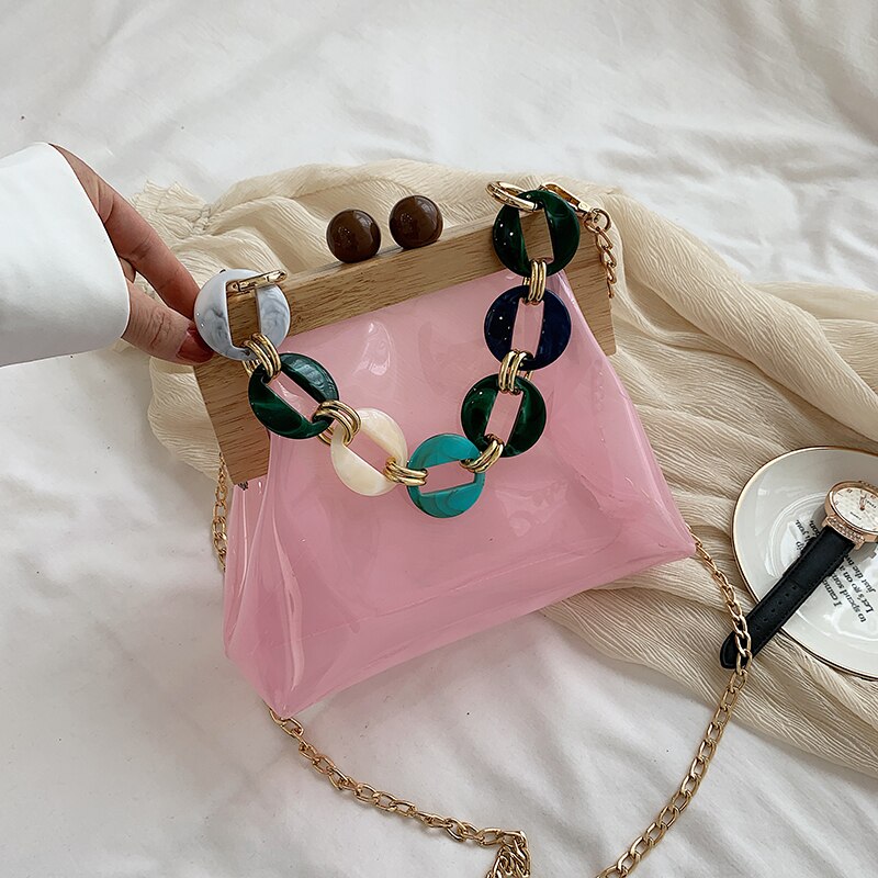 Transparente jelly tote bag 2020 verão novo de alta qualidade pvc designer feminina bolsa de viagem corrente ombro saco do mensageiro: Pink
