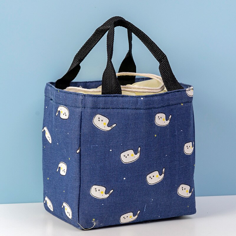 Cartoon Printing Insulation Lunch Bag Food Thermal Waterproof Handbag Student Office Worker Portable High-Capacity Storage Tote: blue elephant