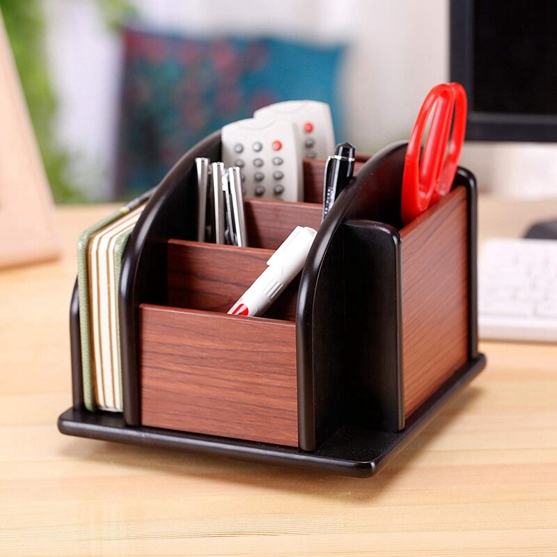 6-Compartment Wood Rotating Remote Caddy Desktop Office Supply Organizer Holder Desktop Storage Rack