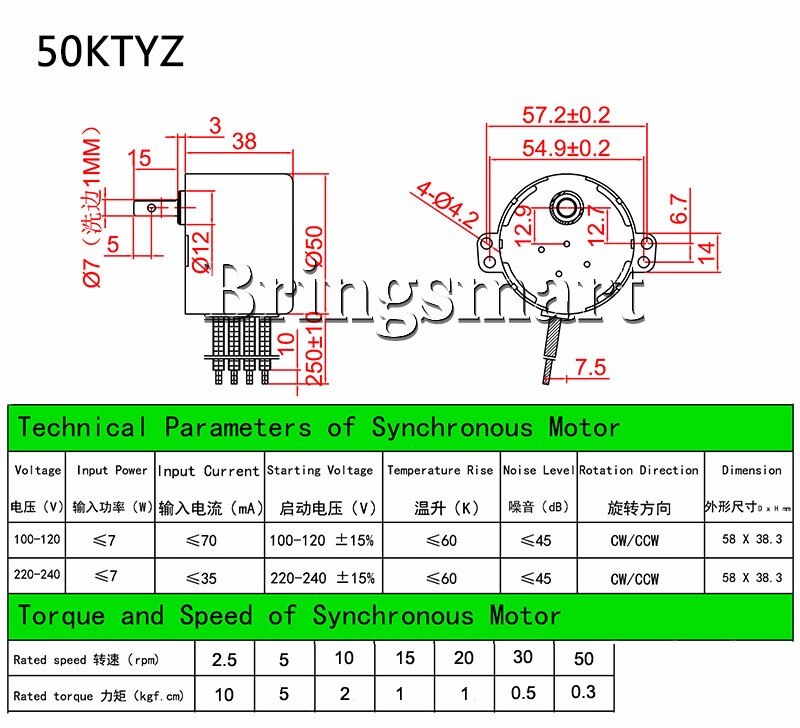 Bringsmart Synchronous Motor 50KTYZ AC 220V Micro Slow Speed Machine 10W Controllable Reduction Motor 1rpm Small Motor