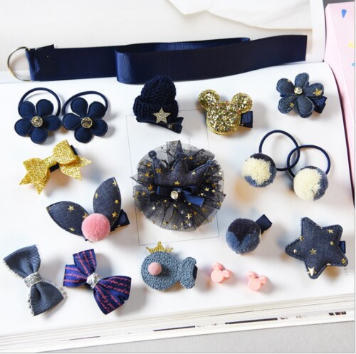 Kinderen Accessoires 18 Stks/sets Prinses Baby Kids Meisje Baby Hoofdband Grosgrain Haarelastiekjes Clips Haar Clips Touw Set: Navy Blue