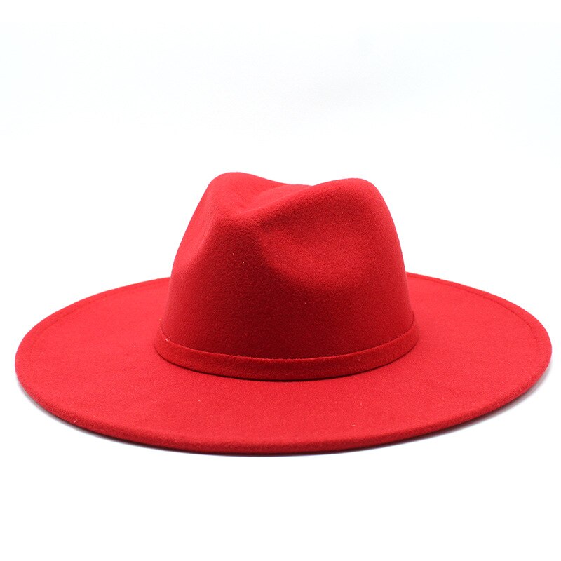 9.5CM Women Men Big Wide Brim Wool Fedora Hat British Style Winter Gentleman Lady Jazz Church Hats: Red