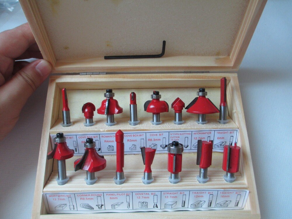 15PCS 1/4" Shank Tungsten Carbide Router Bit Set Wood Case tool kit Milling Cutter Router bit set 6.35mm