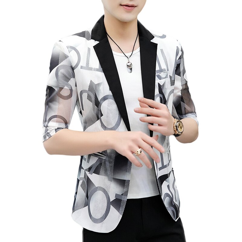 Bokstaver utskrift menn dressjakke sommer pustende virksomhet uformelt blazer slank frakk sosial brudekjole blazer masculino