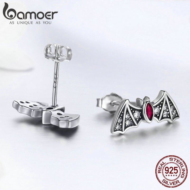 BAMOER Genuine 925 Sterling Silver Mysterious Bat Dazzling CZ Stud Earrings for Women Earrings Jewelry BSE004