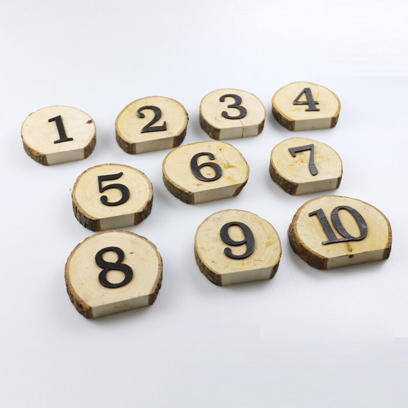 10Pcs 1-10 Rustic Wedding Table Numbers Round Wooden Log Slice Tree Bark Ornament Seat Digtal Card Banquet Party Decor