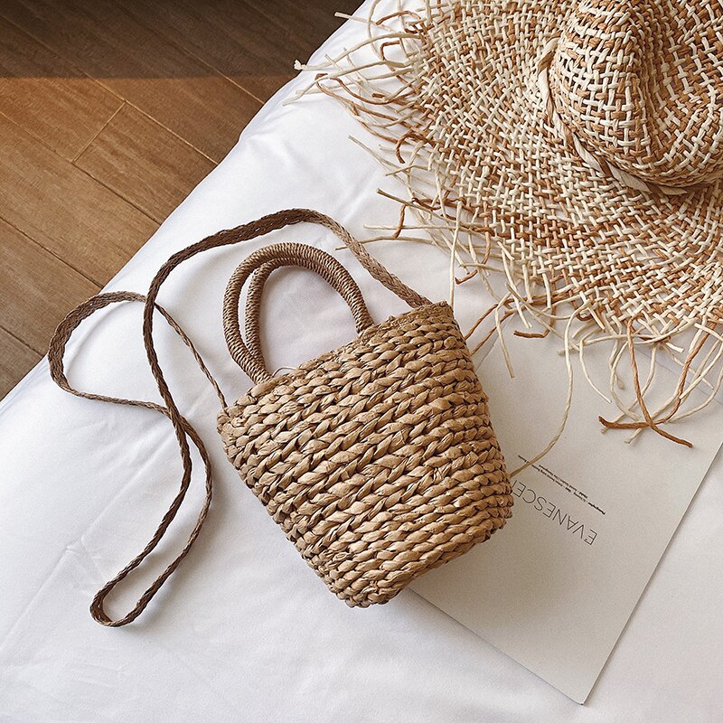 Halm tote bucket taske sommer høj vævning dame håndtaske dejlig skulder messenger bag strandtaske: Khaki