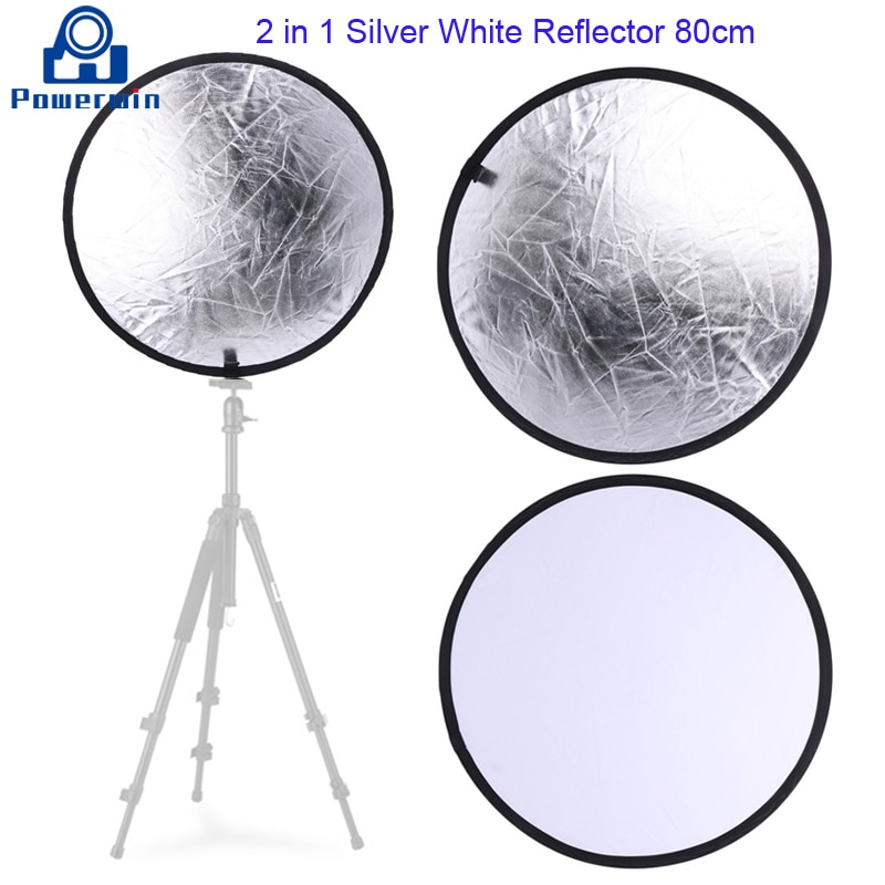 Powerwin 2 in 1 sølv hvid reflektor 80cm sammenklappelig disk fotostudio video belysning diffuser softbox baggrund lysstativ