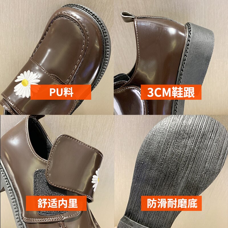Women Daisy small leather shoes big toe doll shoes women square toe flats loafers student embroider hook&loop derby shoes